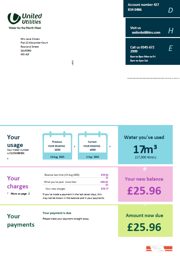 United Kingdom United Utilities utility bill template in Word and PDF formats